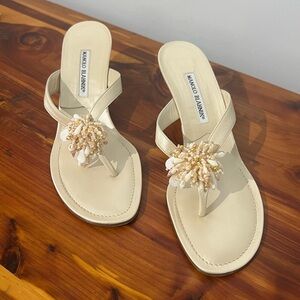 Manolo Blahnik Ivory Embellished Sandals